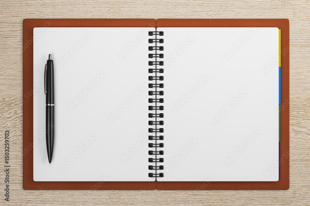 Aufkleber top view of open spiral notebook with black pen on blank white pages, placed on light wooden backgro