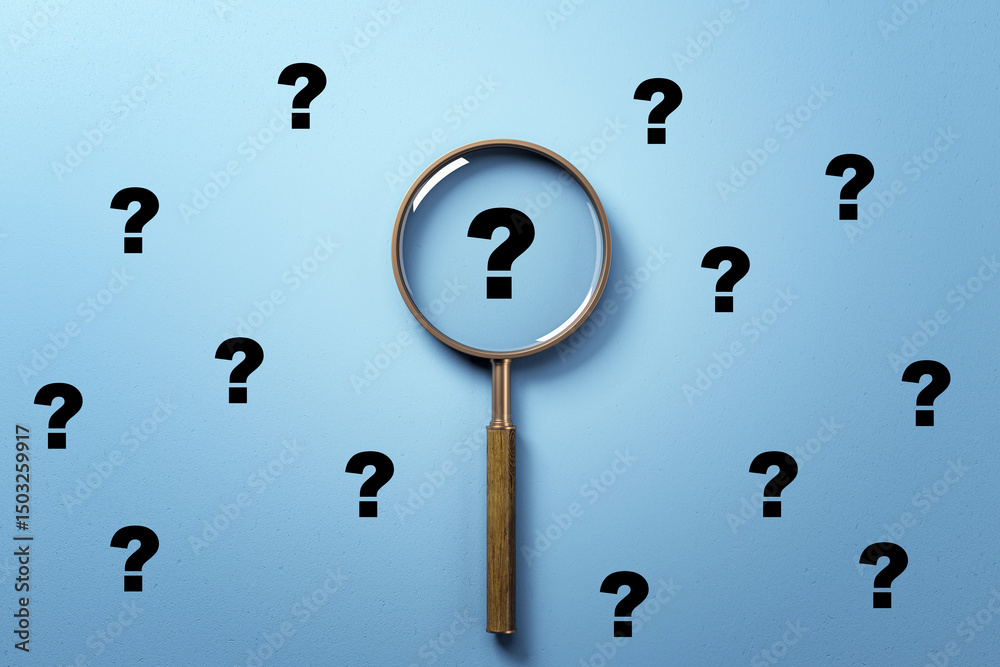 Aufkleber magnifying glass highlighting question mark among many on blue gradient background, symbolizing curi