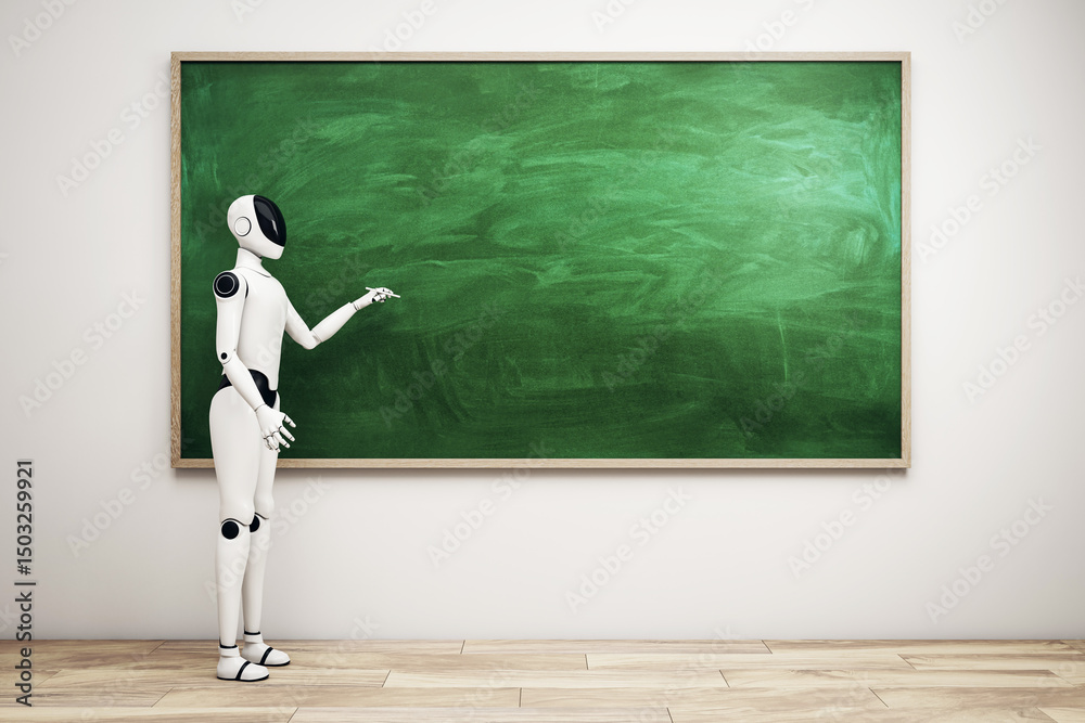 Poster Futuristic humanoid robot standing in modern classroom pointing at blank green chalkboard on wooden floor background for education and AI concept. 3D Rendering
