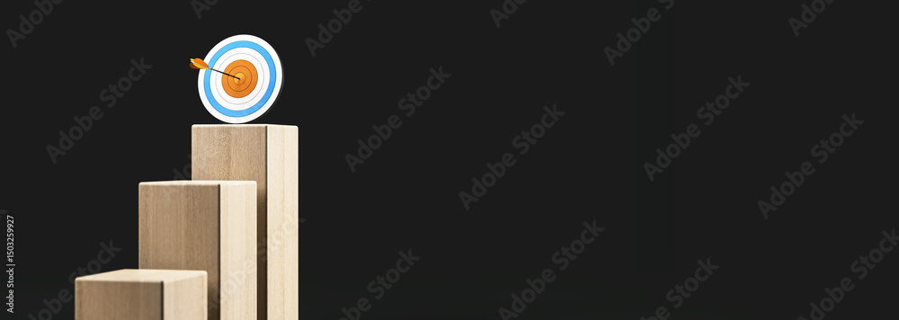 Poster Wooden blocks forming a staircase with a bullseye target and arrow on top, symbolizing business success and achievement on dark background. 3D Rendering