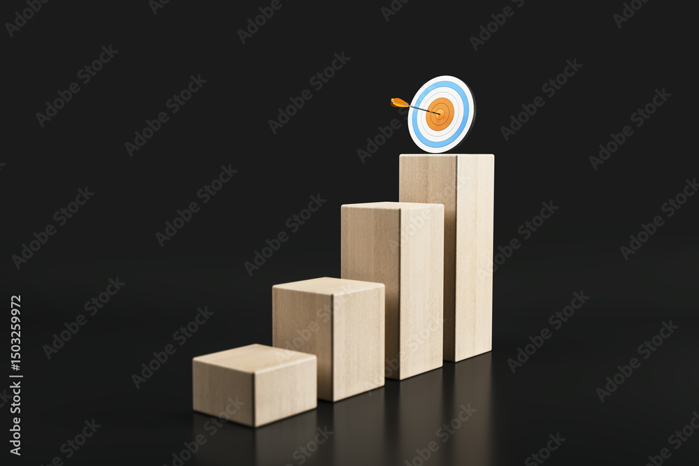 Aufkleber wooden blocks forming staircase reaching target with arrow on top, symbolizing growth and achievemen