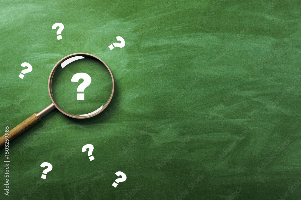 Aufkleber Magnifying glass focusing on question mark over green chalkboard background with scattered question symbols and copy space on right side. 3D Rendering