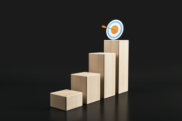 Wooden blocks forming staircase reaching target with arrow on top, symbolizing growth and achievement on dark background. 3D Rendering