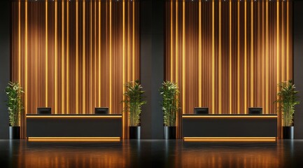 Modern reception desk with warm lighting and wood paneling