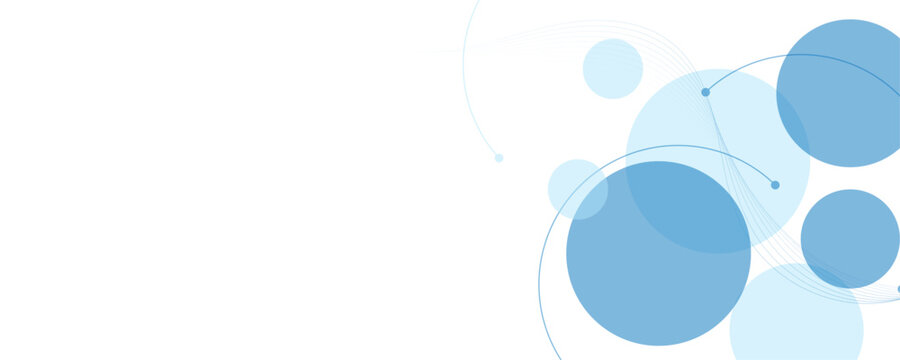 Geometric blue color overlapping circles lines and dots abstract background. Technology, science and network concept banner design. Colorful pastel vector art.
