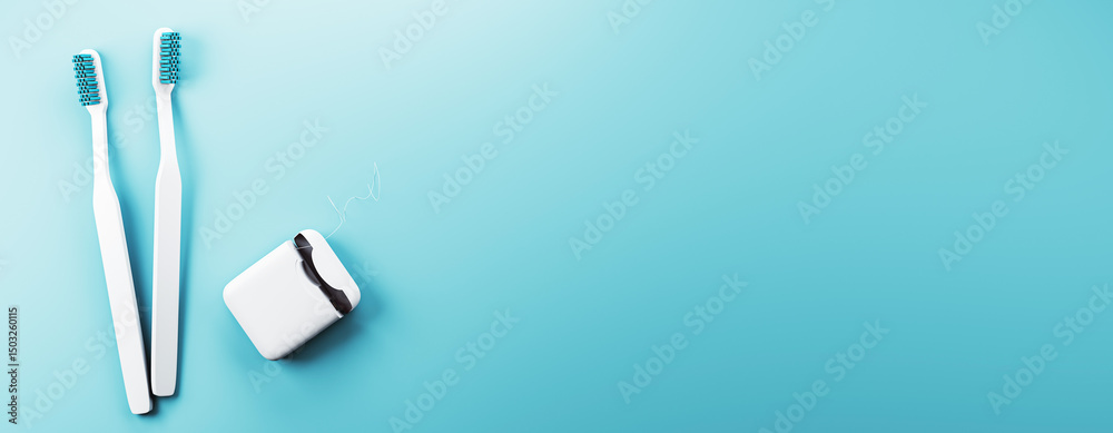 Poster two toothbrushes and dental floss on blue background with copyspace for dental hygiene concept templ