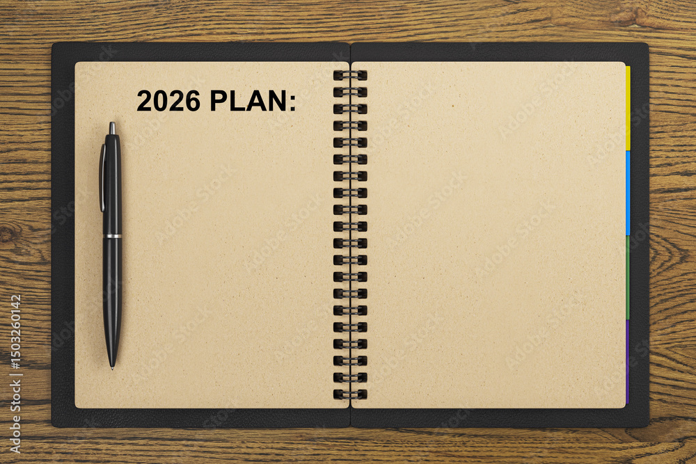 Poster blank 2026 planner notebook with pen on wooden desk top view background for business or personal org
