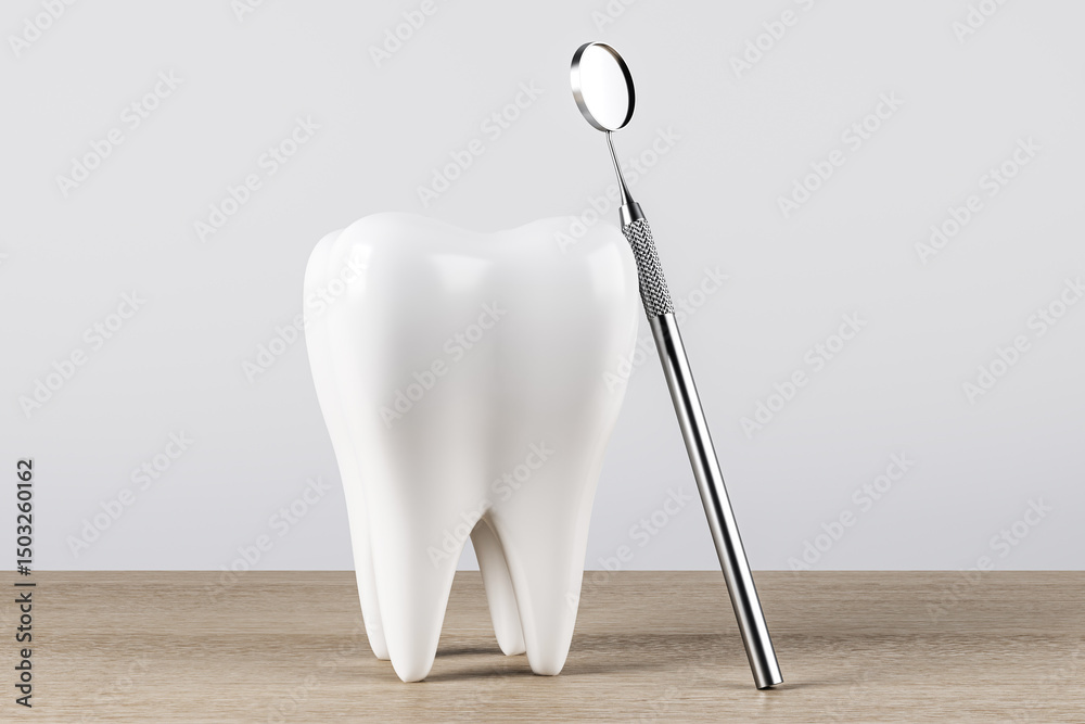 Poster white tooth model with dental mirror tool on wooden surface and soft light empty background. dental 