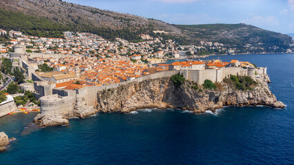 Aerial view of the coastal city of Dubrovnik. Tourist attraction of the historic city along the coast of Croatia in the Adriatic Sea