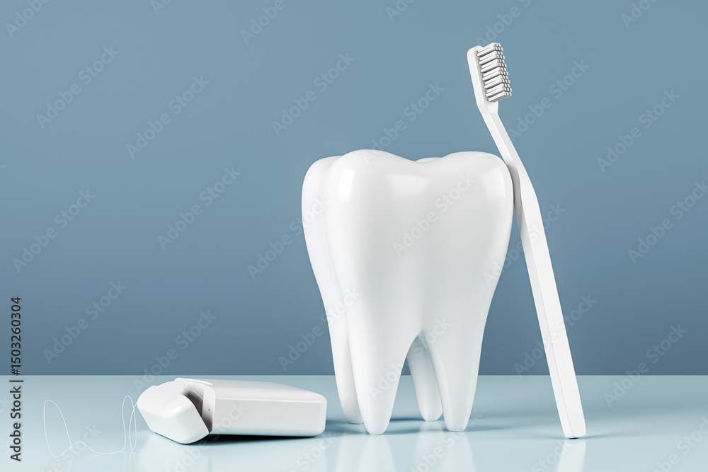 Poster 3d rendering of white tooth with toothbrush and dental floss on glossy blue surface and isolated bac
