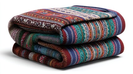 Folded, colorful blanket with intricate patterns