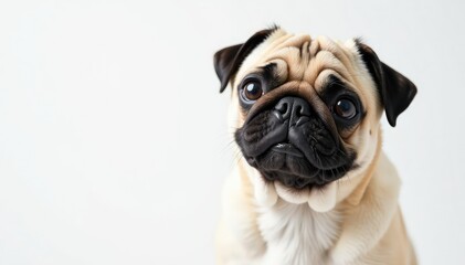 Solo pug with endearing expression, pure white backdrop, mammal, portrait, pug
