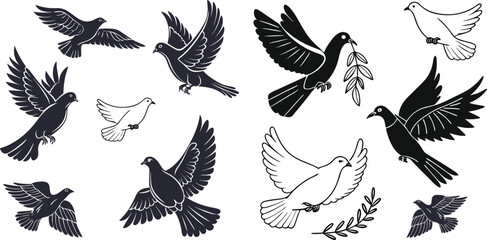 Set of Peace Dove Vector Illustrations – Flying and Perching Pigeons in Black and White Style