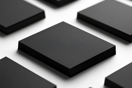 Business cards scattered on white, bold black type, fine logos, premium cardstock visible, overlapping shadows, modern layout suggesting branding finesse.