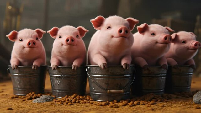 Four cute pigs in buckets