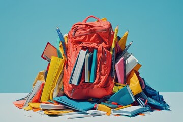  Open backpack on white spilling school supplies, colorful notebooks and tools scattered casually, crisp outlines suggest daily academic readiness.