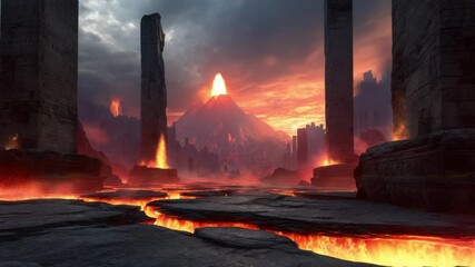 Volcanic Landscape with Ancient Ruins: A dramatic digital artwork depicting a volcanic landscape with ancient ruins and lava flows. The scene is set against a fiery sunset.
