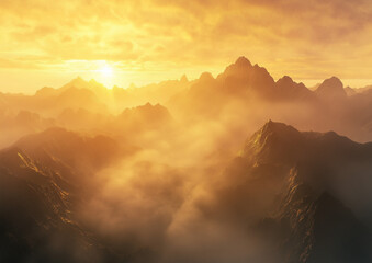 Aerial view of a mountain landscape at sunrise with mist and warm golden light. Serene and cinematic natural scenery. Orange sky 