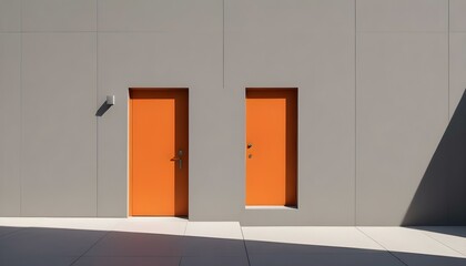 Two vivid orange doors against a minimalist gray facade, with striking shadows and bright light.