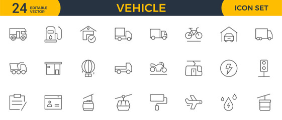 Vehicle outline icon set. Shipping And Courier icon. Containing order tracking, delivery home, warehouse, truck, scooter, courier Sea Air, Date, Return Search Parcel and cargo icons.
