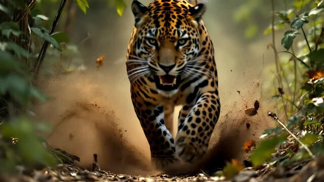 A jaguar running through the jungle underbrush, leaves and dirt kicked up in its wake.