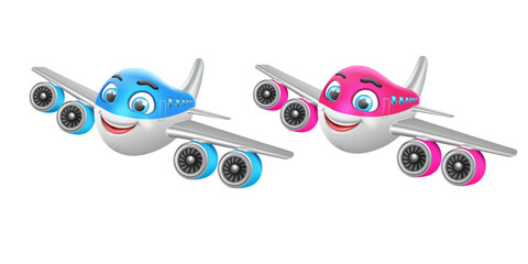two smiling 3D cartoon airplane characters isolated on the white background.