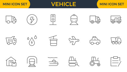 Vehicle outline icon set. Shipping And Courier icon. Containing order tracking, delivery home, warehouse, truck, scooter, courier Sea Air, Date, Return Search Parcel and cargo icons.