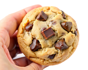 closeup of a chewy chocolate chunk cookie held bet on white background, PNG
