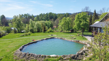 A tranquil natural hot spring is beautifully framed by lush greenery and trees, providing a serene escape for relaxation and rejuvenation in a picturesque setting