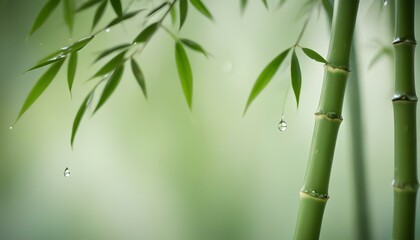 Refreshing bamboo stems with water droplets hanging from its vibrant, green leaves.