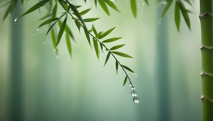 Naklejka premium Bamboo leaves adorned with water droplets, illustrating natural freshness and tranquility in green.