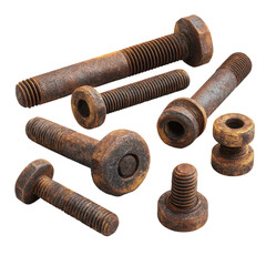 Close-up of weathered and rusty bolts and nuts of various sizes, suggesting the passage of time and the effects of the elements. The details and textures are strikingly visible