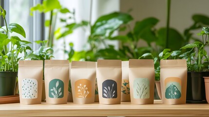 Fototapeta premium A variety of lush plants beautifully packaged in different bags creating a colorful display of nature's bounty
