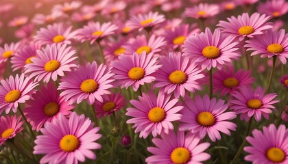 A stunning vista of vibrant pink daisies with bright yellow centers in full bloom.