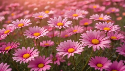 A vibrant field showcases delicate pink daisies with radiant yellow centers, in sunny daylight.
