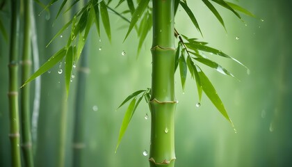Obraz premium Beautiful shot of green bamboo stalks with water drops, evoking a sense of peace.