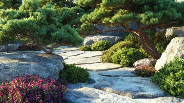 Serene Japanese garden path with rocks and trees