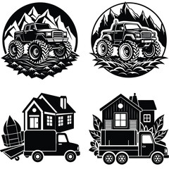 Vector Illustration Of Monster Trucks And House Moving Trucks In Black And White © MDARIF