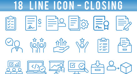 Collection of line icons representing various closing processes in business
