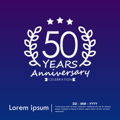 50th years anniversary celebration emblem. congratulations anniversary logo isolated with laurel wreath and stars and ribbon on dark blue background. vector illustration template design	