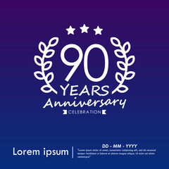 90th years anniversary celebration emblem. congratulations anniversary logo isolated with laurel wreath and stars and ribbon on dark blue background. vector illustration template design	