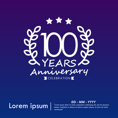 100th years anniversary celebration emblem. congratulations anniversary logo isolated with laurel wreath and stars and ribbon on dark blue background. vector illustration template design	