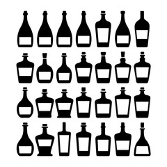 Silhouettes of various beer bottles, cans, and mugs arranged in rows on a white background, showcasing a diverse collection of drink containers in a minimal, graphic style.