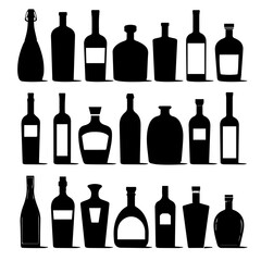 Silhouettes of various beer bottles, cans, and mugs arranged in rows on a white background, showcasing a diverse collection of drink containers in a minimal, graphic style.