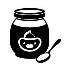 Baby food jar with spoon, fruit puree, illustration, simple, isolated image