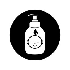 Monochromatic illustration of baby shampoo bottle with baby face icon inside circle