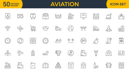 Set of thin line aviation Icons. Plane icon collection. Airplane icon vector. Flight transport symbol. Travel concept.