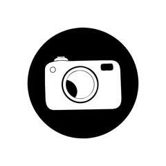 A minimalist camera icon in black and white graphic representation
