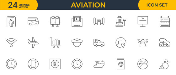 Set of thin line aviation Icons. Plane icon collection. Airplane icon vector. Flight transport symbol. Travel concept.