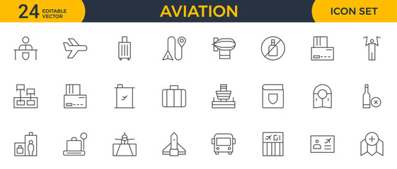 Set of thin line aviation Icons. Plane icon collection. Airplane icon vector. Flight transport symbol. Travel concept.
